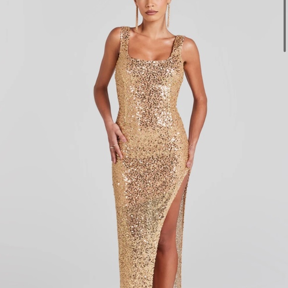 NADINE MERABI LOUISA GOLD SEQUIN DRESS S/M - Picture 2 of 8